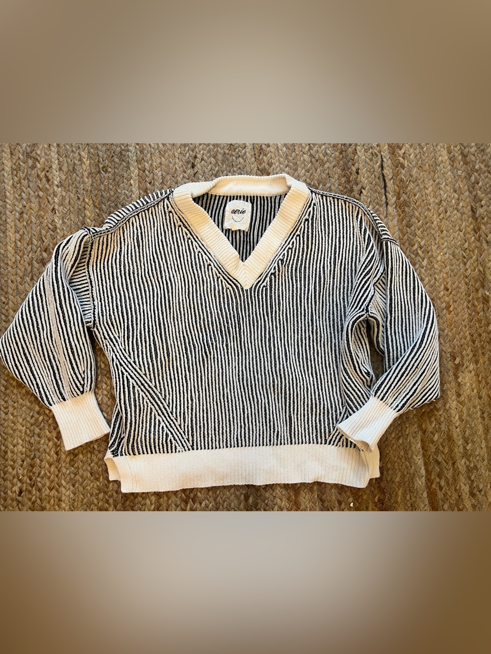 Striped V-Neck Knit Sweater in Black & Cream aerie